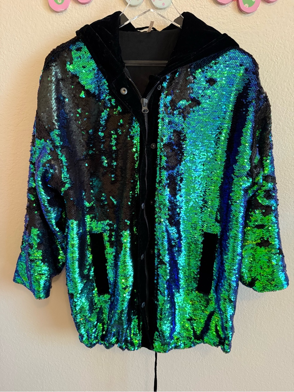 Free People Black Hooded Sequin Jacket Size XS